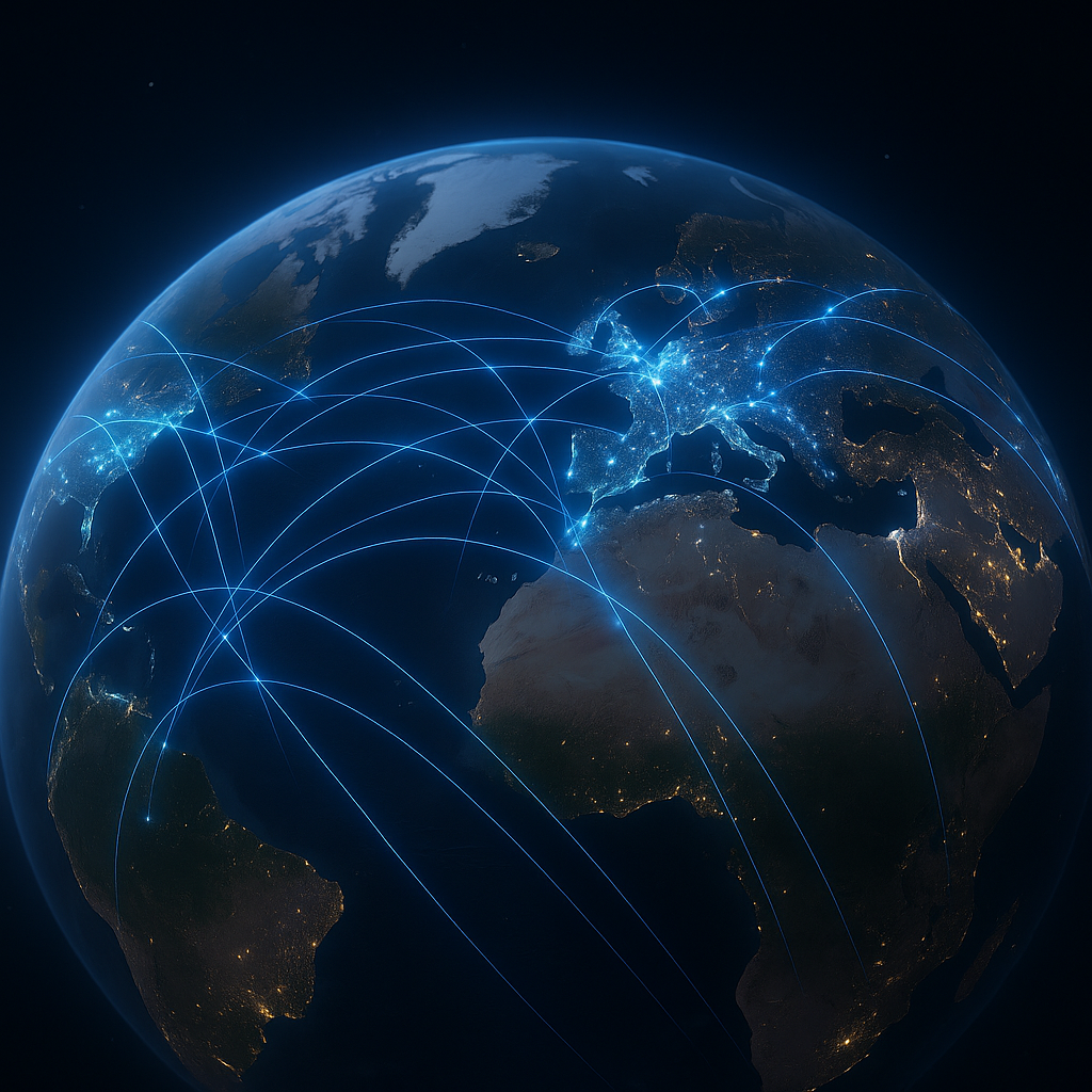 Global connectivity map showing SimSource coverage across 190+ countries with seamless carrier switching visualization